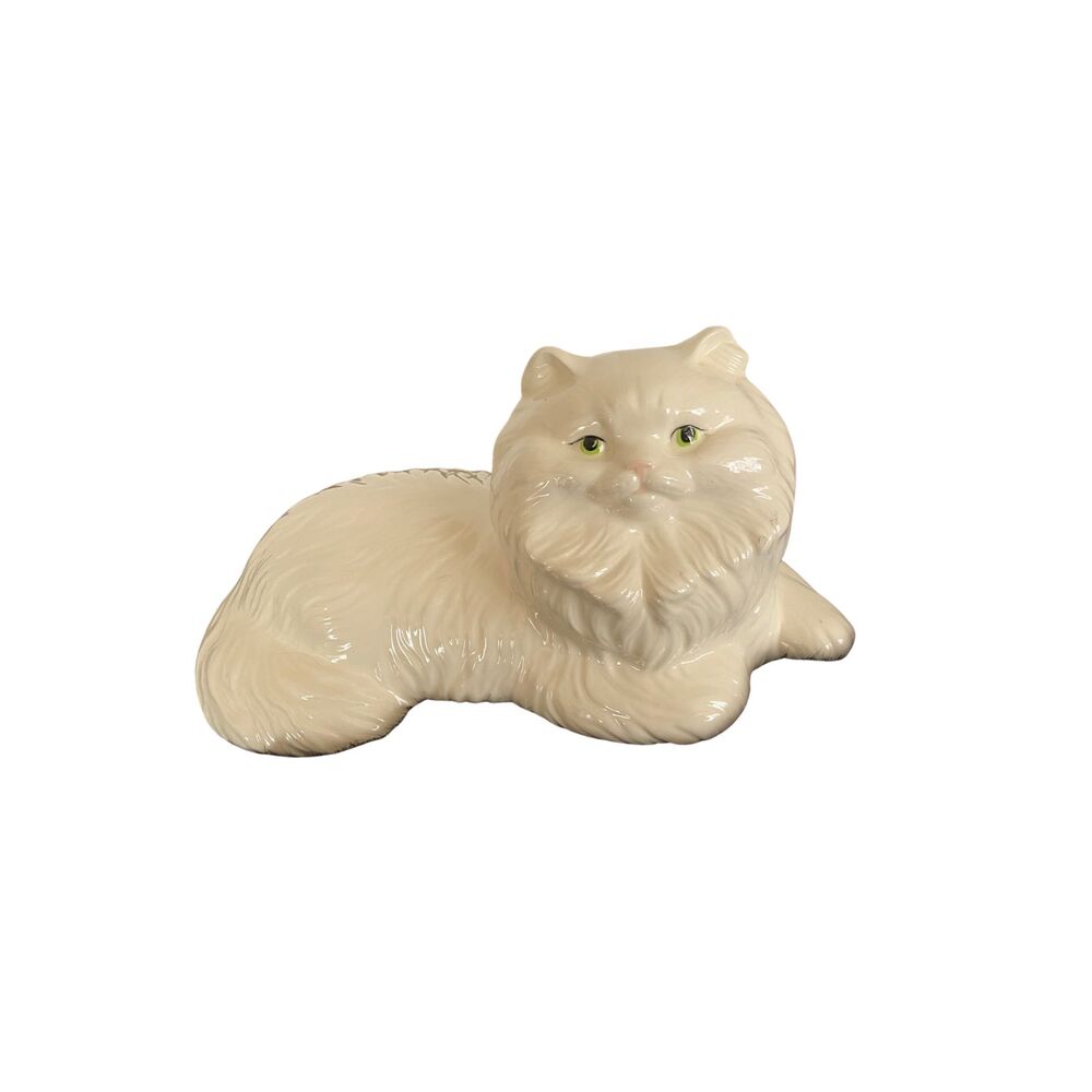 VTG Ceramic Persian Cat Figurine Cream Green Eyes Glossy 11”